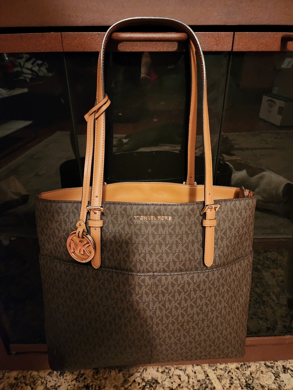 Michael Kors Brown Logo Tote with Tan Leather Trim